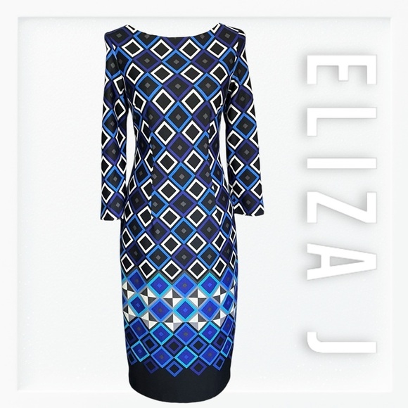 Eliza J Geometric Pattern Fitted Long Sleeve Midi Dress sz 8 - Picture 1 of 13